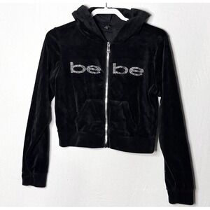 Bebe‎ Y2K Cropped Hoodie Sz XL Black Rhinestone Full Zip Whimsygoth Fairy Grunge